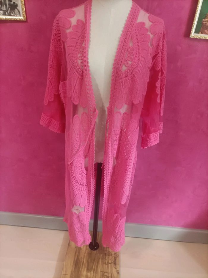 Gilet/kimono femme rose à manches courtes style bohème - photo numéro 4