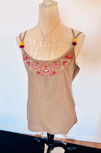 💕 blouse kaki d’été doublé bretelles avec perles taille 42 xl #camaieu