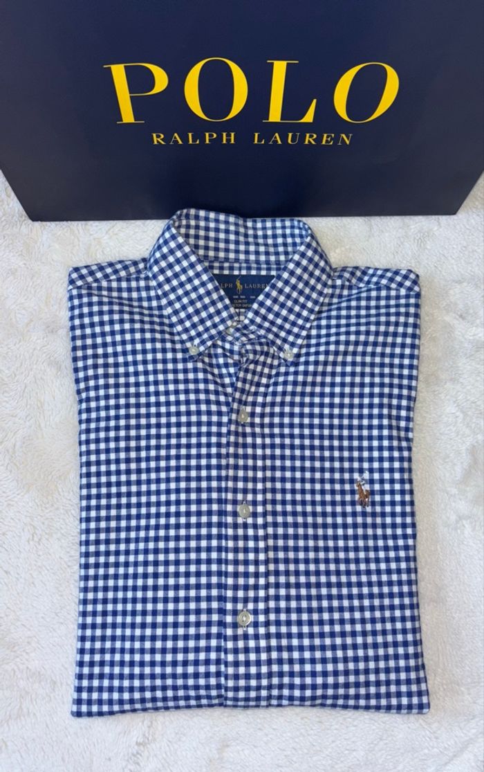 💙Chemise Neuve Ralph Lauren Homme à Carreaux Marine Logo Coloré - Taille S/36 - photo numéro 2