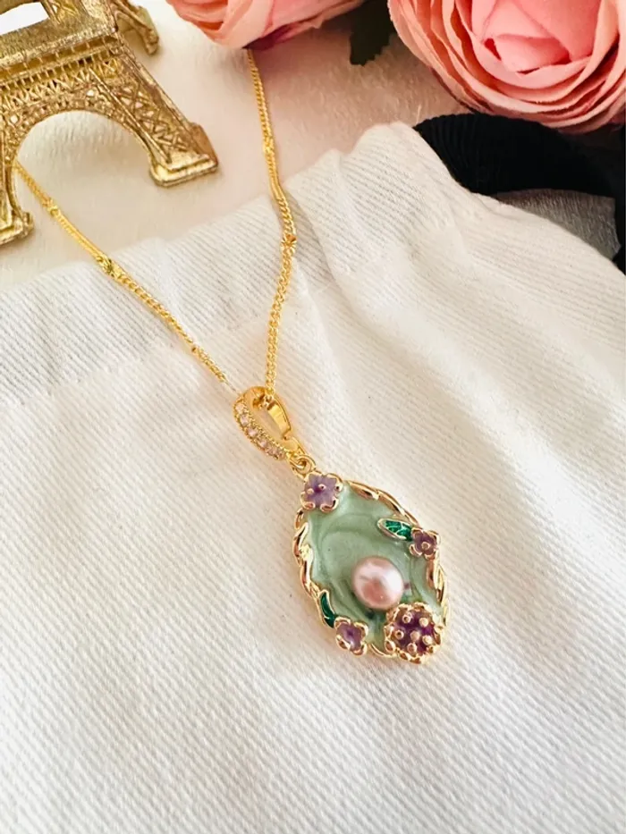 💐Collier doré perle d’eau douce & fleurs émaillées - photo numéro 5