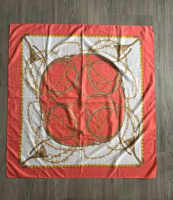 Foulard étole cheval équestre équitation orange corail doré et blanc Vintage 85x85cm