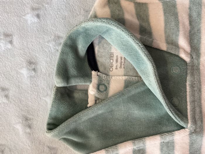 pyjama grenouillère en velours rayé menthe et blanc inscription devant 6 mois obaibi - photo numéro 9