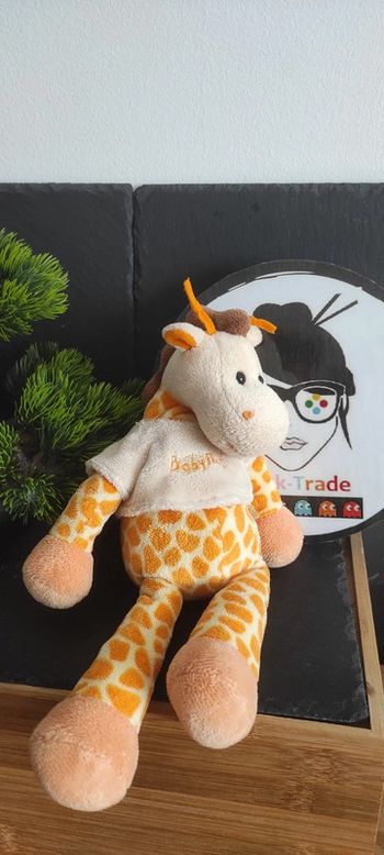 Doudou Girafe Jaune Orange Pull Beige peluche marron
