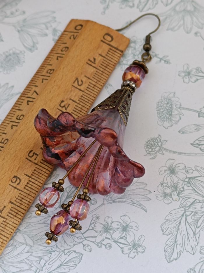 Boucles d’oreilles Fleurs féeriques Violet Prune, Rose Cuivré & Bronze Antique - photo numéro 4