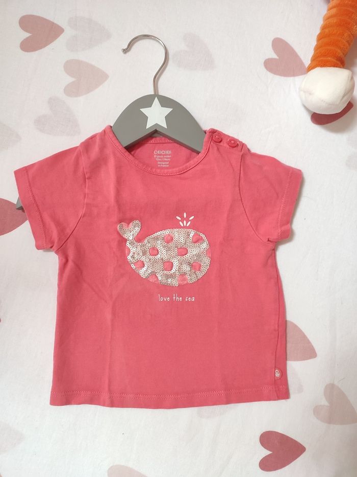 Tee-shirt manches courtes - Baleine à paillettes - 12 mois - Très bon état - Obaïbi