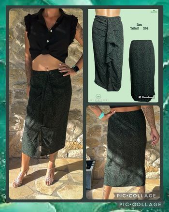 💚Jupe midi noire à micro-motifs verts avec nœud décoratif – Zara – Taille S SOLDÉ -50% 💚