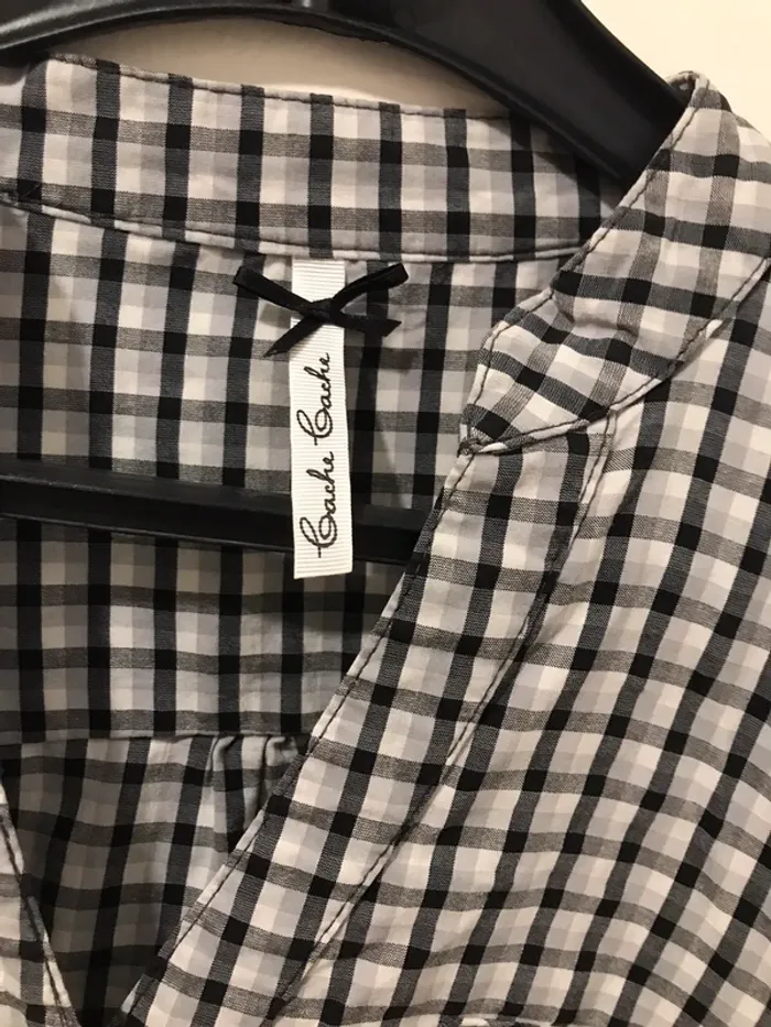 Haut femme été chemise cache cache manches courtes à carreaux noir gris blanc taille 2 - photo numéro 2