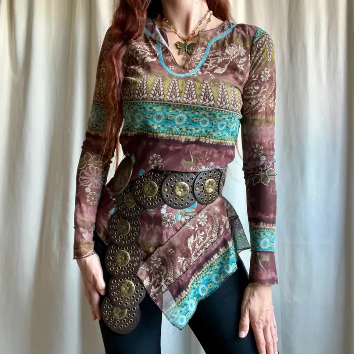 Blouse mesh asymétrique Fairygrunge Witchy vintage tie dye 90s - Taille S - photo numéro 3