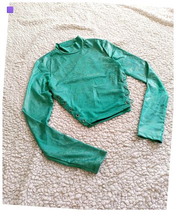 Top vert métallisé vintage lacets fil sur coté, brillant, doré
