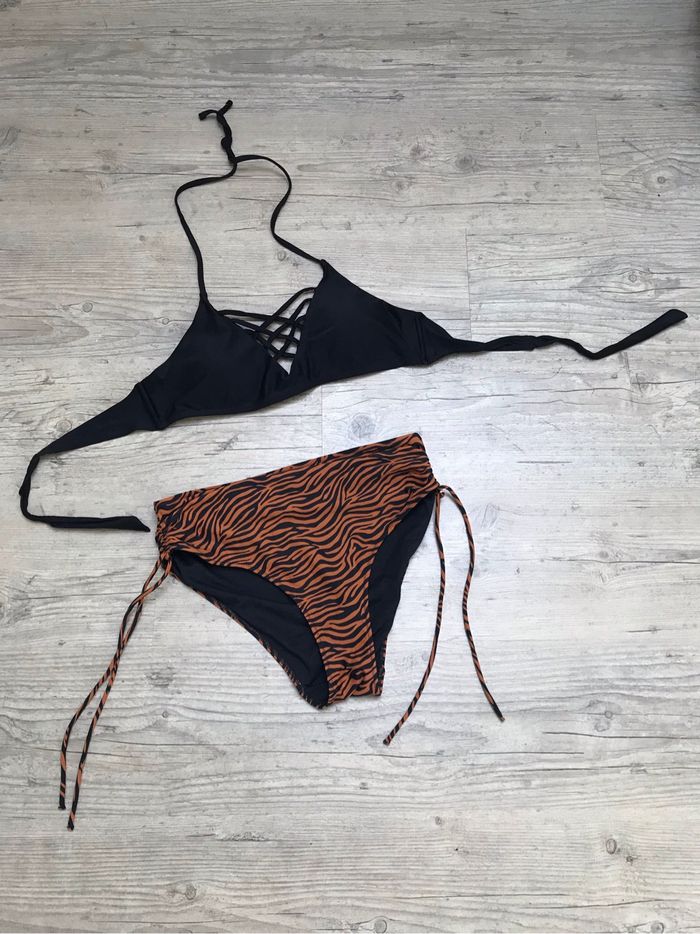 Maillot de bain 2 pièces bikini Taille M 38/40 Bikki beach imprimé tigre ocre noir taille haute - photo numéro 2