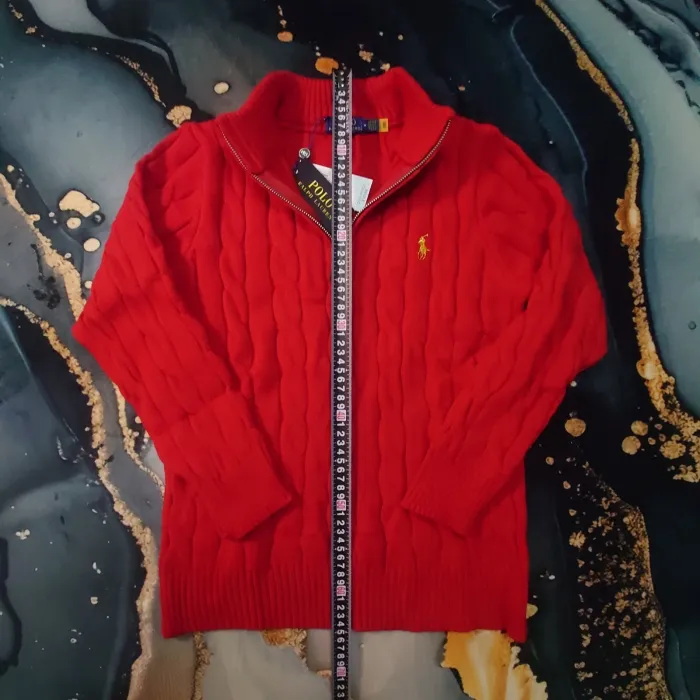 Pull torsadé Half zip Ralph Lauren - Taille M -Rouge logo brodé jaune - Neuf - photo numéro 3