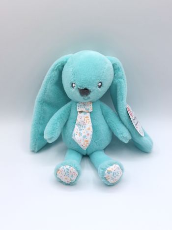 Peluche doudou lapin vert menthe créateur JEMINI cravate fleurs blanc 25 cm neuf