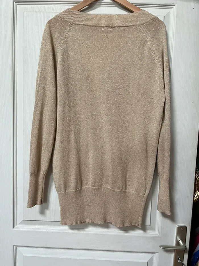 Pull fin col V beige à paillettes doré, taille 42 - photo numéro 6