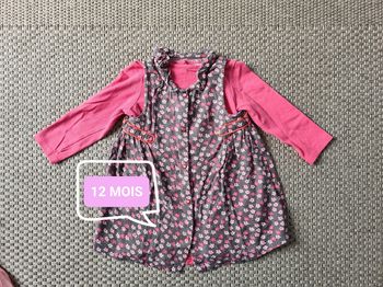 Robe blouse rose motif fleurs - 12 mois