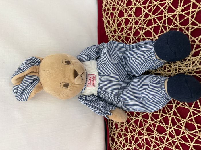 Peluche lapin TARTINE ET CHOCOLAT marron bleu rayé 40 cm