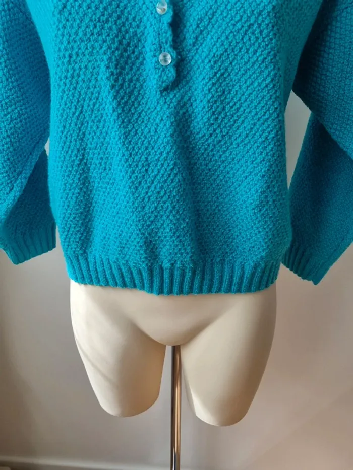 Pull turquoise tricoté vintage - photo numéro 11