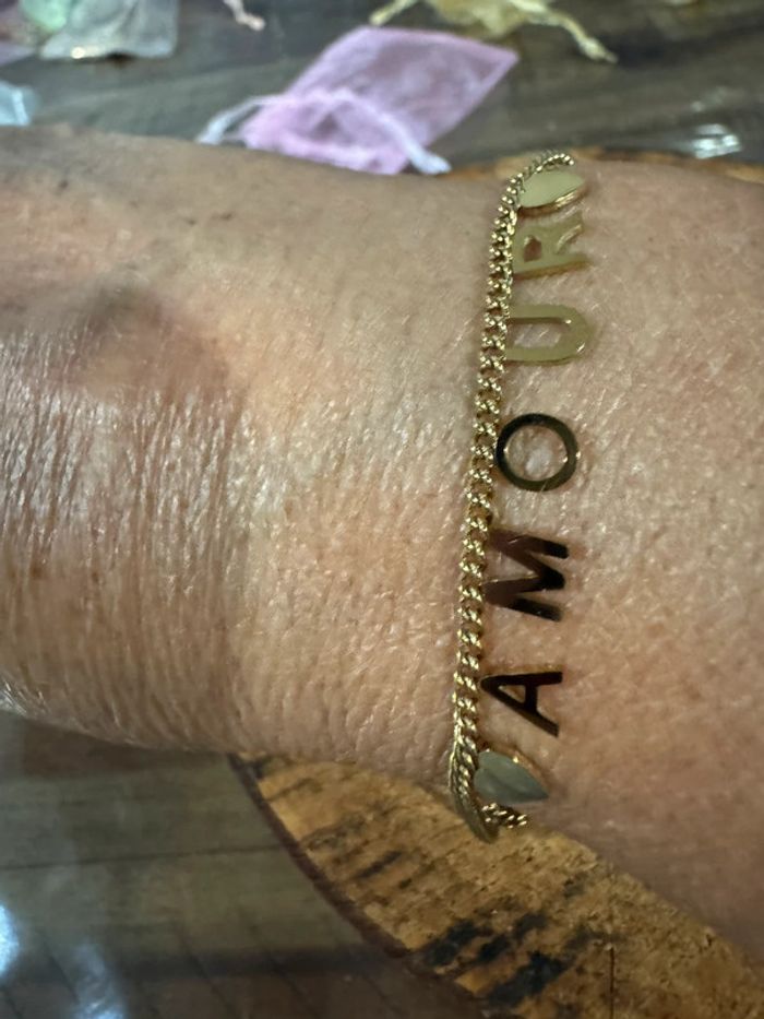 Bracelet chaîne épaisse réglable lettre AMOUR acier inoxydable or neuf - photo numéro 3