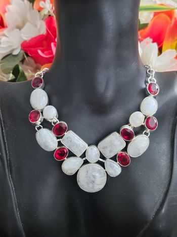 Collier en argent sterling 925 avec pierre de lune arc en ciel et grenat rouge
