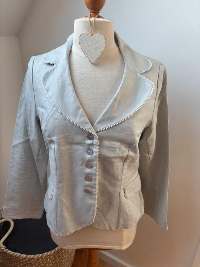 🤍 Sublime blazer en lin - gris détails blancs - T40 - photo numéro 3