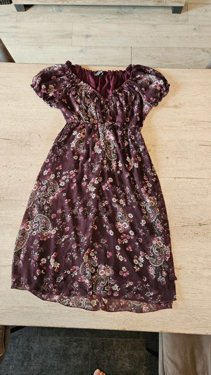 Robe d été en toile doublé mauve à manches courtes, Cassis, taille 38, neuve - photo numéro 4