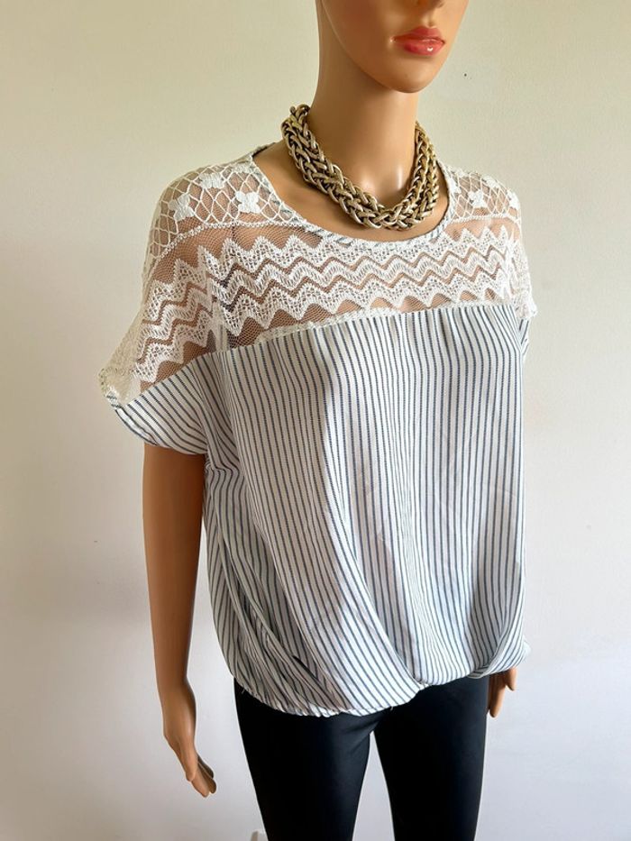 Blouse blanche et bleue avec dentelle Vero Moda taille S jamais portée - photo numéro 2