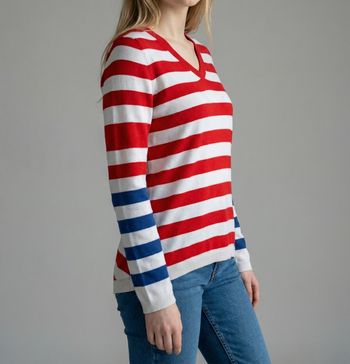 Pull Tommy Hilfiger rayé rouge blanc bleu col V taille S coton