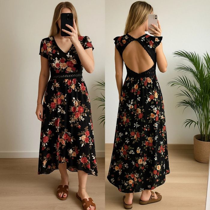 Robe longue fleurie dos nu détails dentelle - Taille S