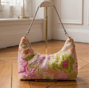 Sac baguette brodé perles et sequins – Fleurs Pastels – Style Y2K – État Neuf