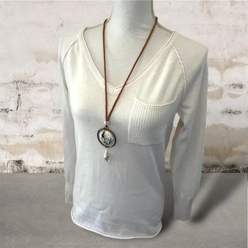 Pull femme blanc col V maille fine taille ok jusqu’au 40