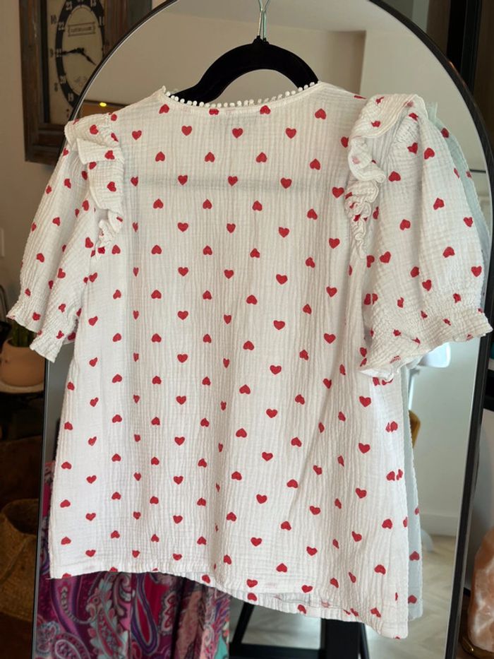 Blouse blanche imprimé cœurs rouges gaze de coton – Graciela – Taille S - photo numéro 4
