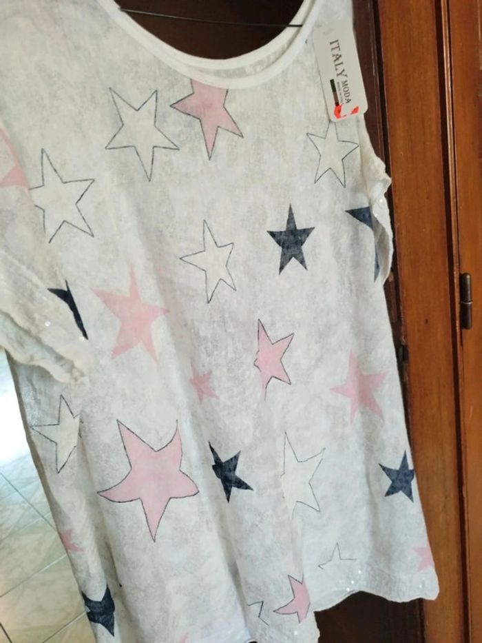 T-shirt blanc col rond étoiles strass neuf L/40 - photo numéro 4