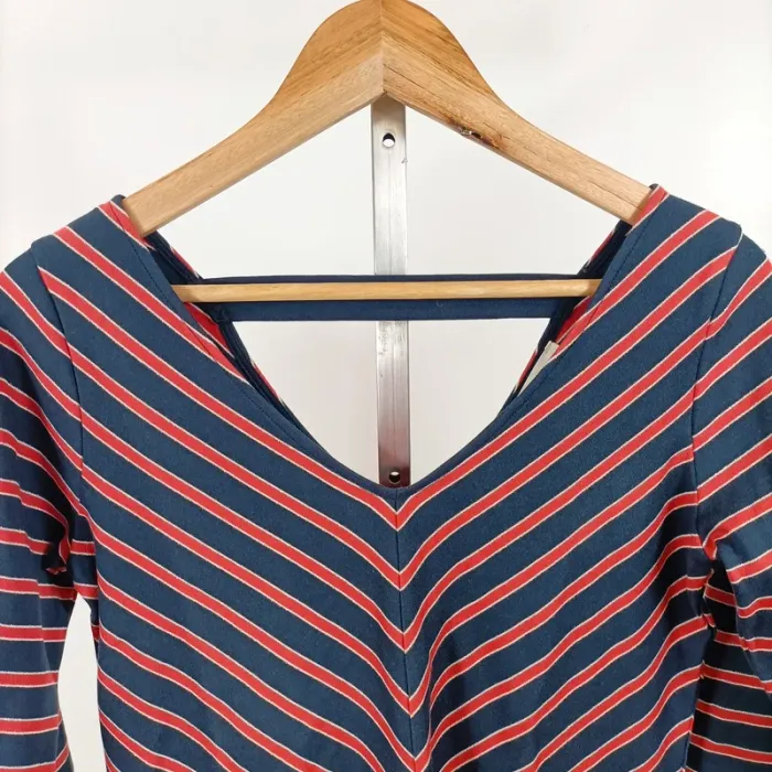 Top rayé bleu rouge col V dos decoletté Grain de Malice T.S coton stretch chic décontracté A1106 - photo numéro 3