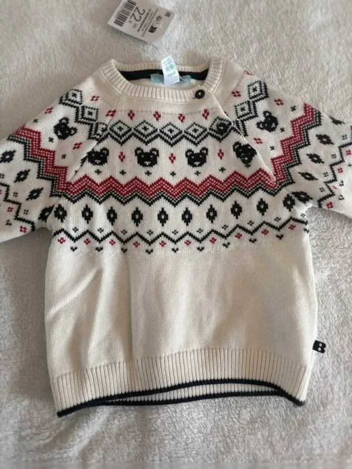 Pull bébé tricoté à motifs oursons et géométriques – Obaïbi, 12 mois - photo numéro 3