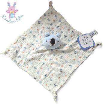 Doudou plat Koala bleu lange blanc motifs MES PETITS CAILLOUX