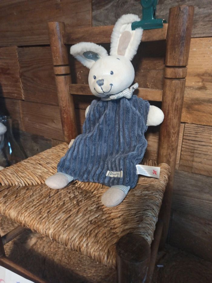 Doudou lapin Nicotoy bleu velours côtelé TBE - photo numéro 3