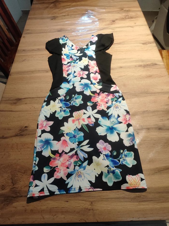 Robe Quiz Noire à Fleurs Colorées, Taille M - photo numéro 2