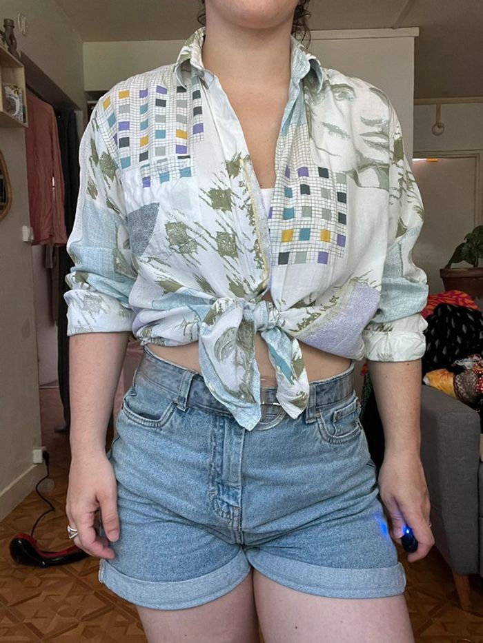 Chemise vintage blanc bleu clair kaki loose 36 38 - photo numéro 3