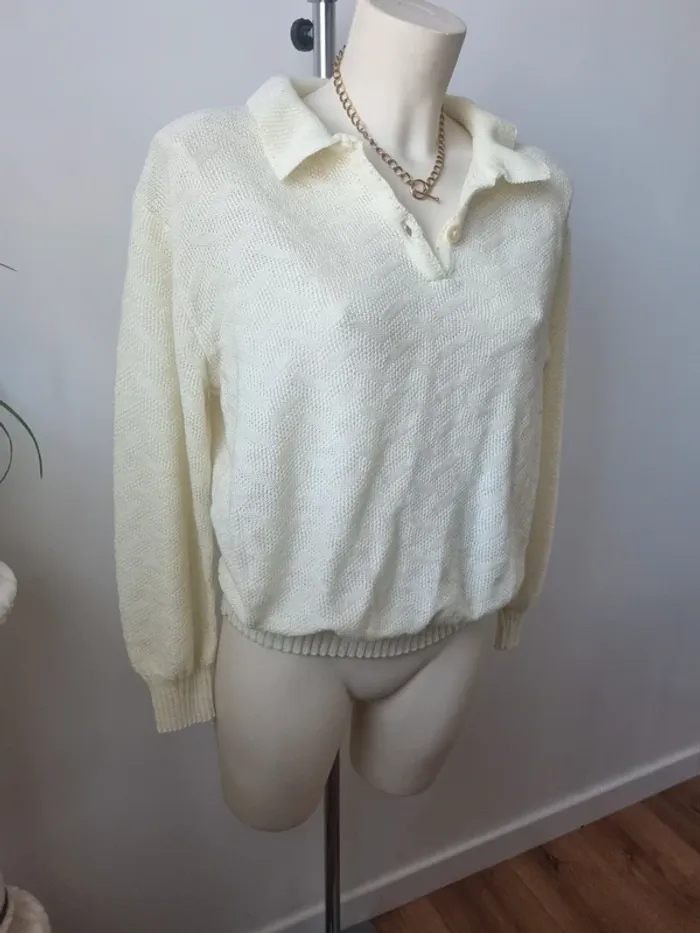 Pull tricoté jaune pâle vintage - photo numéro 3