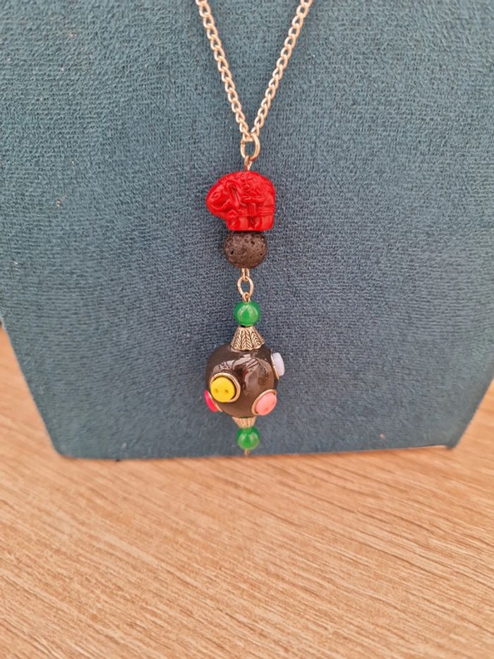 Collier Eléphant Perles Indonésienne Perle De Lave Jade - photo numéro 4
