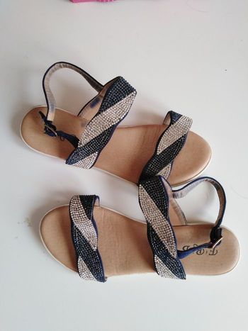 Sandalettes, sandales, nu pieds fille, taille 34, sequins bleu, beige cérémonie,  mi saison, été