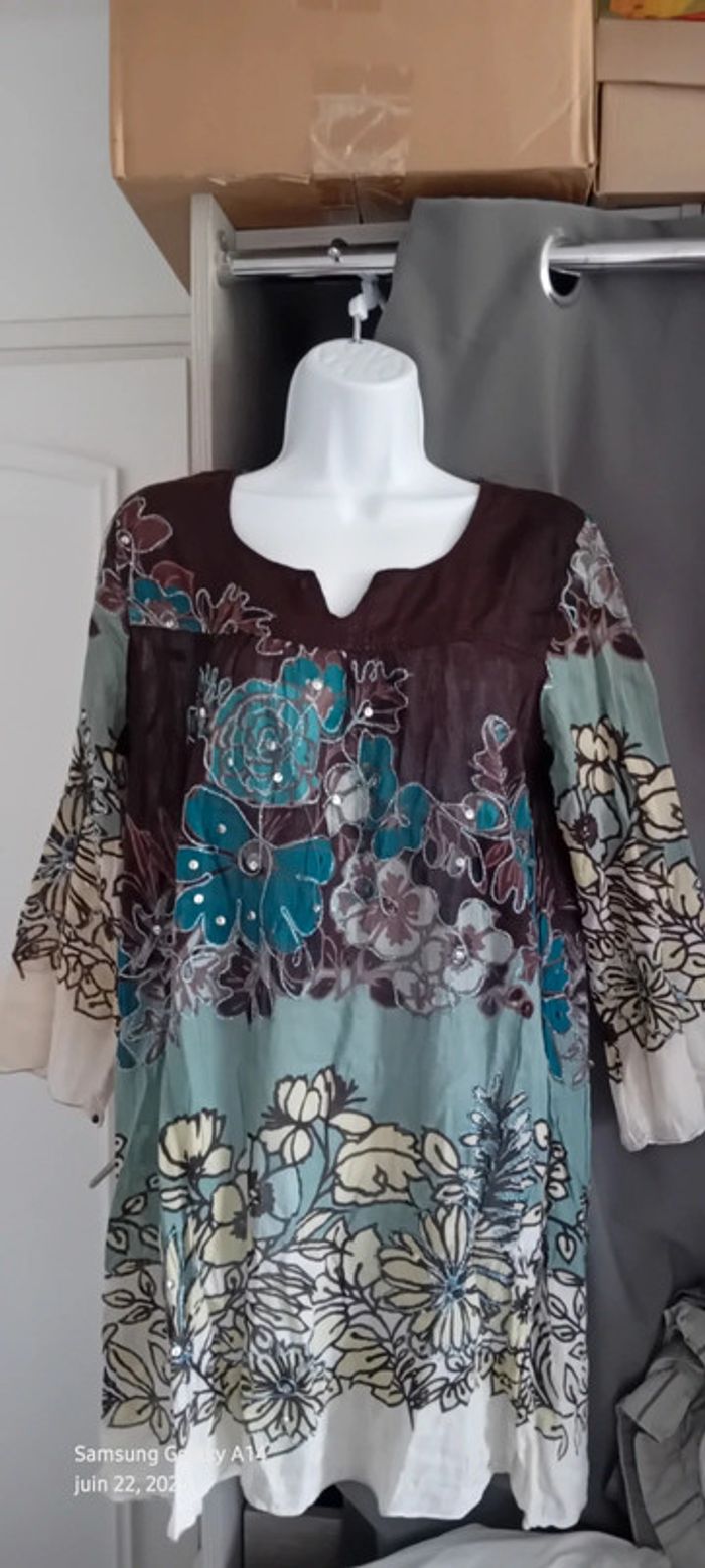 Robe tunique estivale semitransparente motif floral avec sequins multicolore femme XL - photo numéro 5