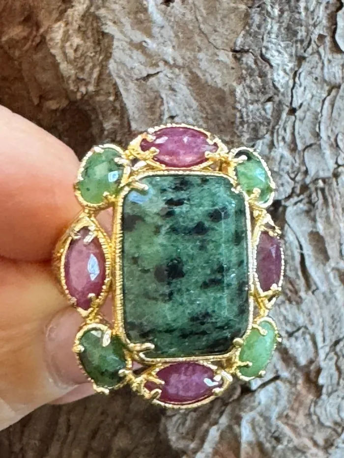 Grosse bague habaha paris amazonite malachite jade rose acier inoxydable or - photo numéro 2