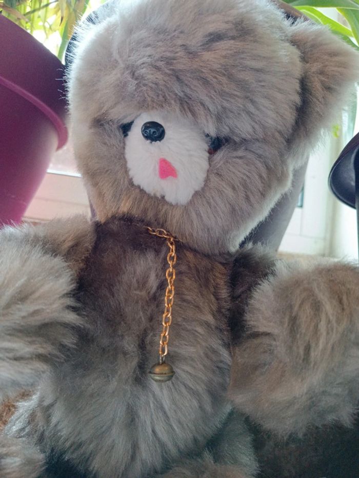 Peluche doudou plush nounours ourson ours Teddy Bear gris grey vintage articulé langue - photo numéro 2