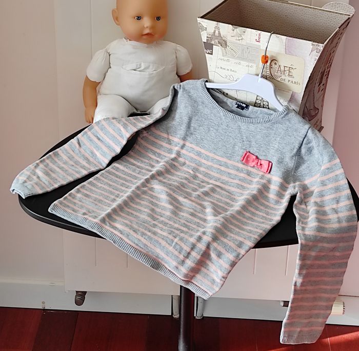 Pull fin coton fille gris & rose – 7 ans (étiquette 8 ans)