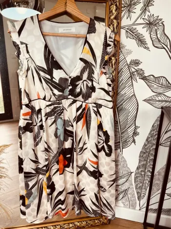 Taille M ~ 38 robe d’été fluide femme Promod ivoire noir et corail 🌺