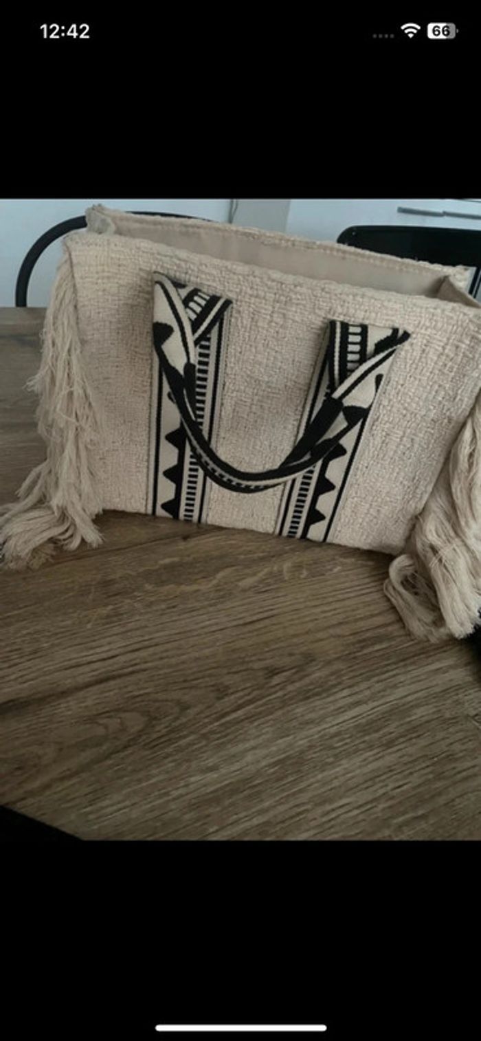 Sac cabas beige à frange liseré motif ethnique noir - photo numéro 3