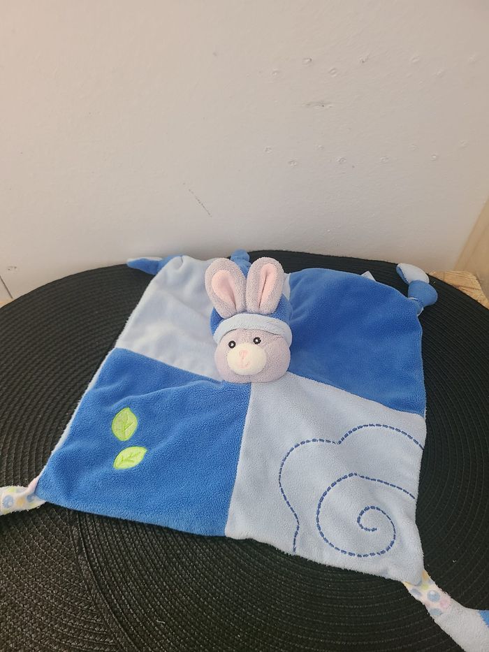 Doudou plat lapin bleu gris bulles feuilles GIPSY - photo numéro 2