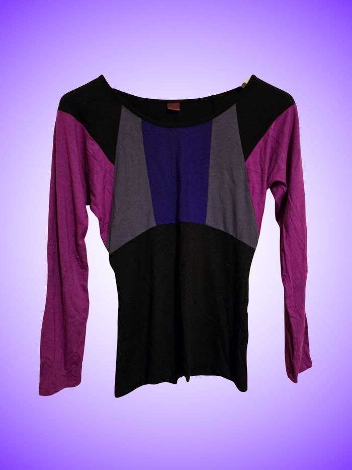 Haut Bicolore Blancheporte – Violet, Bleu, Noir – Manches Longues – Taille 34 XS 36 S – Très Bon État
