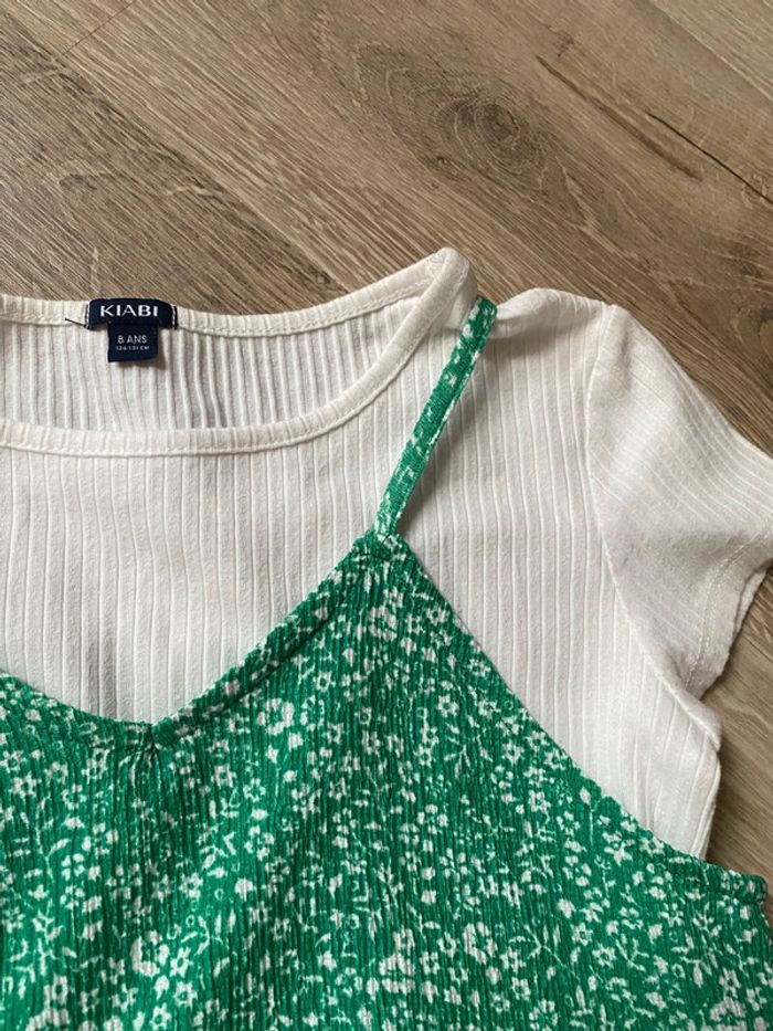 petite robe d’été verte à fleurs avec T-shirt blanc cousu - photo numéro 5