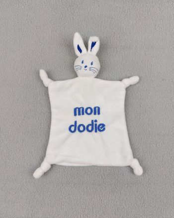 Doudou lapin plat carré blanc brodé mon Dodie bleu TBE - Etiquette coupée